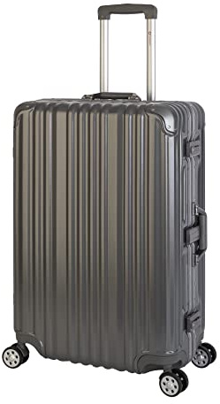 Travelhouse Reisekoffer Grau L 75cm – Trolley mit Aluminium-Rahmen, 4X 360° Rollen, 2X TSA Schloss, ohne Reißverschluss, Polycarbonat Hartschale, 100 Liter
