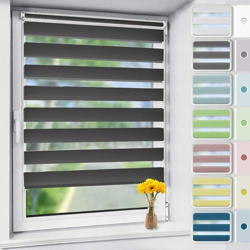 OUBO Doppelrollo Klemmfix ohne Bohren 45x 150 cm (BxH) Anthrazit Fenster Duo Rollo - lichtdurchlässig und verdunkelnd Wandmontage Deckenmotage Sichtschutz Rollo mit Klemmträgern für Fenster & Tür