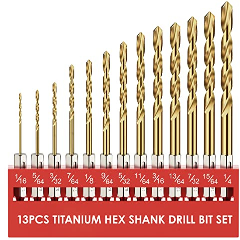 MACXCOIP Hex Shank Drill Bit Set, 13Pcs HSS Titanium Twist Drill Bit for Sheet Metal, Wood, Plastic, Quick Change Design (1/16 - 1/4)