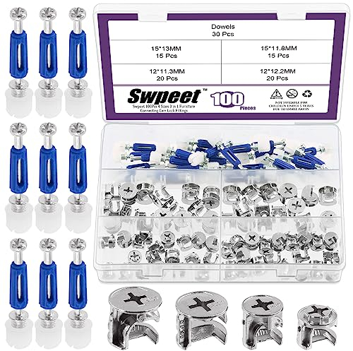 Swpeet 100Pcs 4 Sizes 3 in 1 Furniture Connecting Cam Lock Eccentric Wheels with Blue Dowel Pre-Inserted Bolts Fastener Assortment, Furniture Connecting Lock Nut for Closets Bed Furniture Connecting