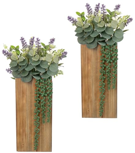 Oairse 2er-Set Wandpflanzgefäße aus Holz mit künstlichen Grünpflanzen für Trockenblumen, Wanddekoration aus Holz zum Aufhängen von Pflanzgefäßen für Wohnzimmer, Schlafzimmer, Heimdekoration