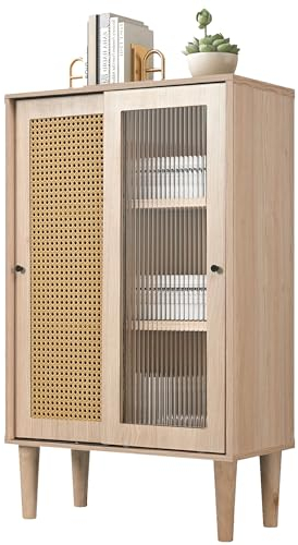 Merax Sideboard mit Schiebetüren und verstellbaren Ablagen, Modernen Highboard mit 6 Unterteilt, Rattan Kommode mit viel Stauraum, für Esszimmer, Wohnzimmer & Schlafzimmer, 60x40x100cm