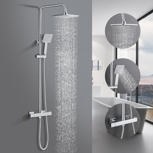 BONADE Duschsystem mit Thermostat, Regendusche mit Armatur, Edelstahl Duscharmatur Komplettset, Duschset mit 81-117cm Edelstahl Einstellbar Duschstangen, Chrom