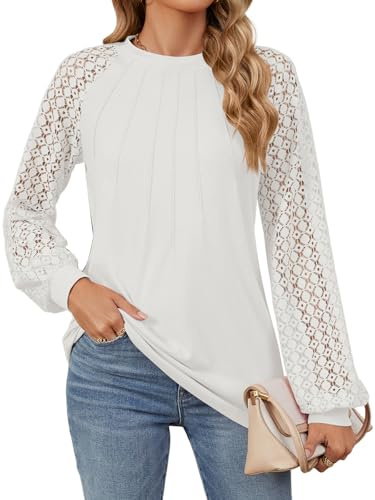 Chemisier Femme Chic et Élégant Pull Femme Haut Dentelle Tee Shirt Manche Longue Tunique Femme Blouse Casual Tops (Blanc,M)