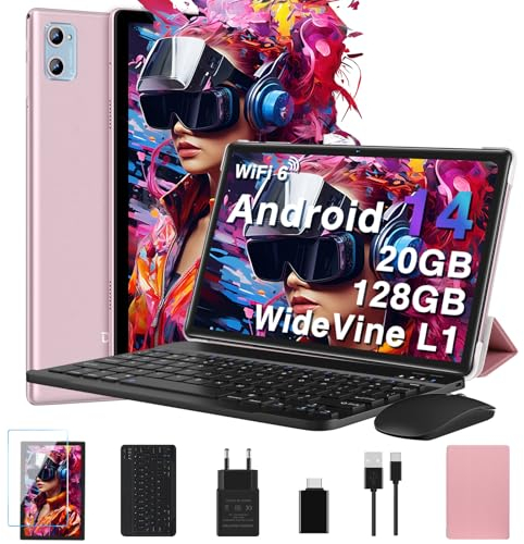 2025 Neueste Android 14 Tablet 10 Zoll, 20GB RAM+128GB ROM/TF 1TB, WLAN 6, 5G+2.4G WLAN,8-Core 1.8 GHz,WideVine L1,1280*800,6000mAh,5MP+8MP,BT5.0,GMS Tablet Mit Tastatur und Maus - Roségold