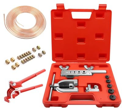 RUIZHI Bremsleitung Bördelgerät Kit - mit 180° Rohrbiegegerät, 7,62m, Ø6,35mm | 1/4'' Bremsleitung Pipe, 16 Anschlüssen+5 Verbinder, Rohrschneider(3-28mm)