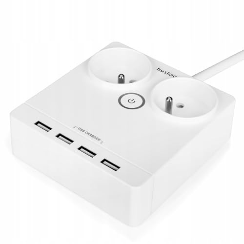 Huslog Ciabatta Multipresa Piatta con 2 Prese e 4 Porte USB, Interruttore con LED, Cavo 1,5m, 230V/10A, Compatta e Antiscivolo, con Messa a Terra, per Casa e Ufficio, Bianco