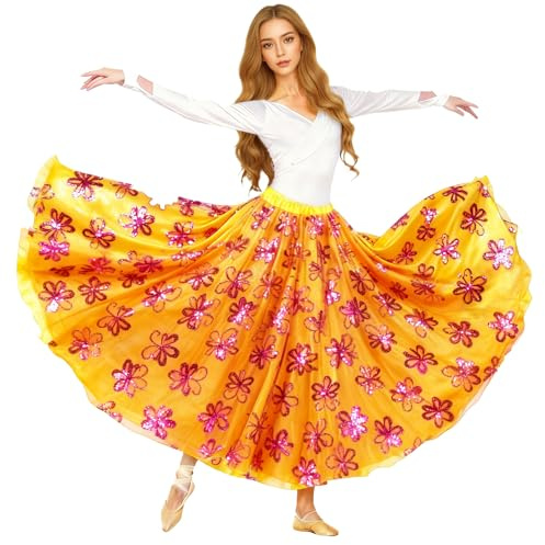Baisdan Gonna da Donna 2 Strati per Danza del Ventre, Gonna in Raso con Paillettes Farfalla per spettacoli teatrali Costume, Rosso, Taglia Unica