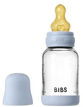 BIBS Baby Glass Bottle. 120ml. Anti-Colic. Vented Round Natural Rubber Latex Teat. Supports Natural Breastfeeding, Slow Flow, Complete Set - 120 ml, Baby Blue