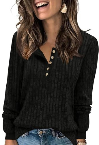 Fisoew Camiseta de manga larga para mujer, cuello redondo, botón ligero, jersey de punto de manga larga, jersey básico de otoño, Negro , S