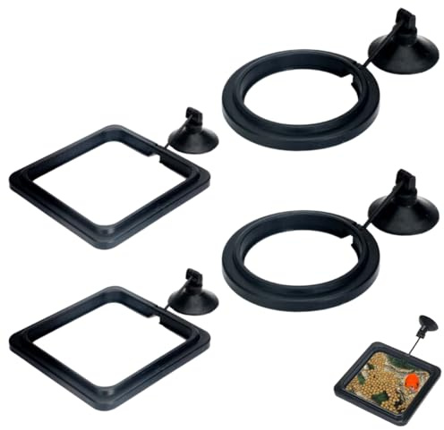 YUVKIN 4 pezzi anello galleggiante per mangime acquario accessori per Guppy, Pesci Rossi, Tartarughe (Nero)(Quadrato e Rotondo)
