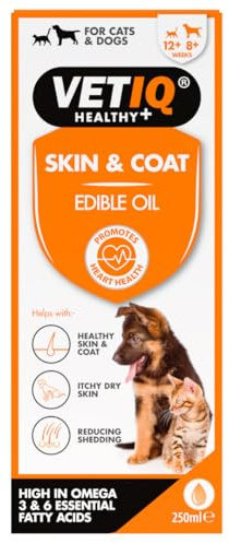 VETIQ Skin & Coat Cat & Dog Edible Grooming Oil Soothes Itching (250ml) | Edible Oil with Omega 3 & 6 for a Glossy Coat. Vitamin E Soothes Dry Skin & Reduces Shedding