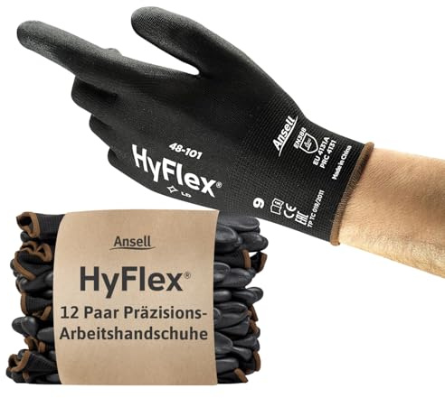 Ansell HyFlex 48-101 Guantes de Trabajo Finos, Alta Precisión Táctil, Forro Elástico con Revestimento de Poliuretano, Protección Multiusos, Bricolaje y Mecánica, Negro, Talla XS (12 Pares)