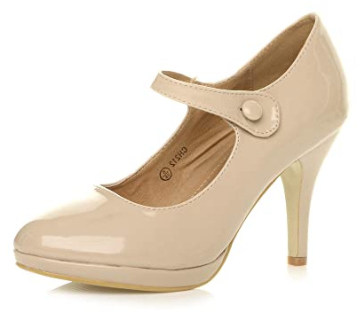 Womens Ladies mid high Heel Mary Jane Strap Evening Court Shoes Pumps, Nude Patent, 6 UK
