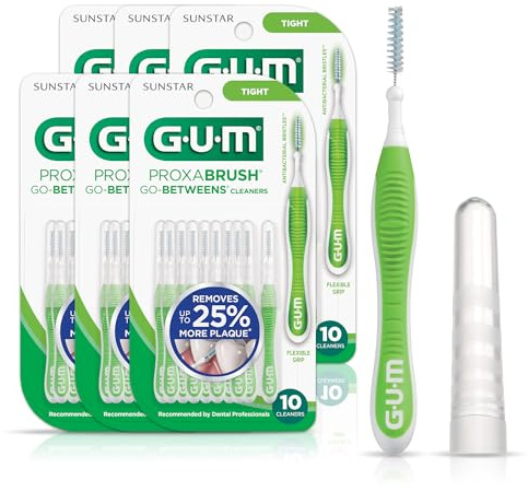 GUM Proxabrush Go-Betweens - Tight - Interdental Brushes - Soft Bristled Dental Picks for Plaque Removal Health - Safe for Braces & Dental Devices, 10ct (Pack of 6)