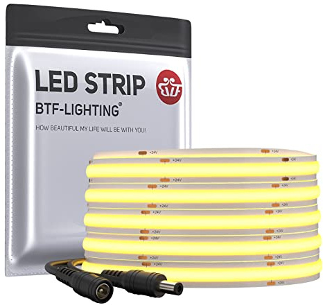 BTF-LIGHTING FCOB COB Striscia LED flessibile ad alta densità uniforme 14W/m 5M DC24V Bianco naturale 4000K CRI 90+10mm Larghezza Nastro LED dimmerabile per decorazioni(senza adattatore o controller)
