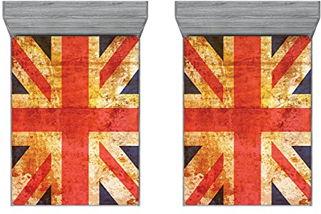 ABAKUHAUS England 2er-Satz Spannbetttuch, Union Jack Motiv Grunge, Soft Dekorativer Stoff Bettwäsche Rund-um Elastischer Gummizug, 160 cm x 200 cm,Night Blue Vermilion