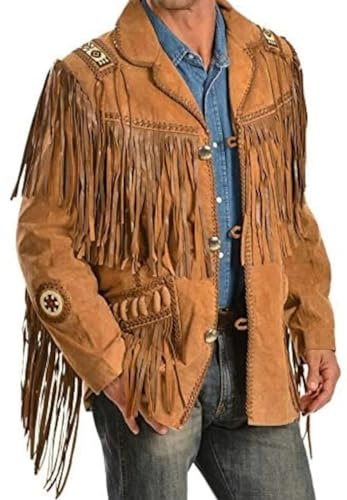 BuyBuy Sports Chaqueta vaquera tradicional occidental con flecos y cuentas, marrón, 3XL