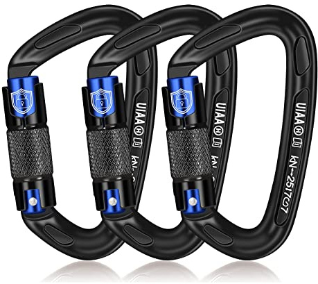 BEIFENG Auto Locking Carabiner 25KN Climbing Carabiner Large Carabiner Clip Obtained UIAA Certification Heavy Duty Carabiners Suitable for Rock Climbing, Camping, Gym,Rescue Black (Black&Blue3Pcs)