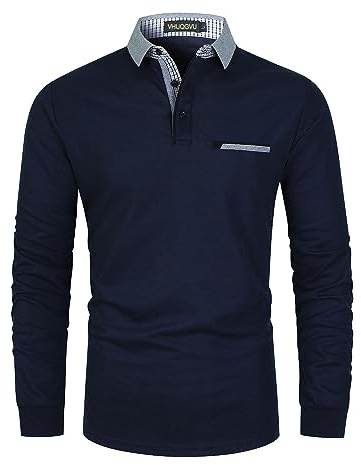 VHUQGVU Mens Stylish Polo Cotton Long Sleeve Contrasting Color Regular Top Golf Shirt,Blue,M