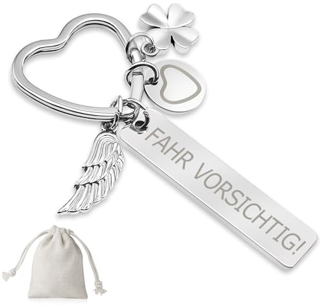 Sugeru Herz Schlüsselanhänger - Gravierte Schriftart | schutzenge l schlüsselanhänger auto personalisiert | geschenke Führerschein Geburtstag Frauen Freundin Mama Tochter (Silber-Fahr Vorischtig!)