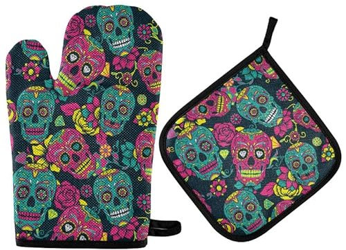 Vintage Sugar Skull Oven Mitts Pot Holder Set Halloween Mexican Kitchen Decor Cooking Stove Gloves Heat Resistant Hot Pads Recycled for BBQ Baking Grilling