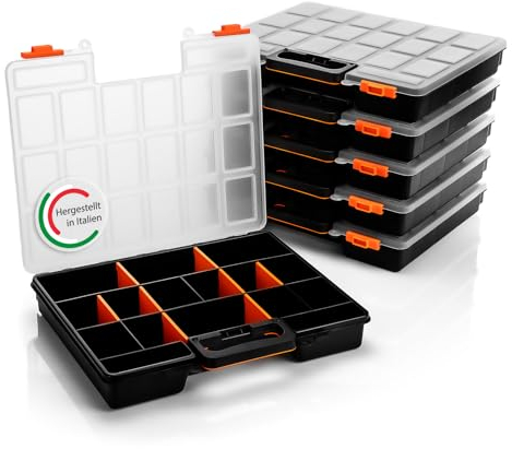 BigDean 6 Stück Sortimentskasten stapelbar 38x33x6cm praktische Sortierbox mit 16 Fächern – Werkzeugkoffer leer Organizer Box Sortierkasten - Sortierboxen für Kleinteile - Made in Italy