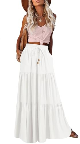 HAEOF Women's Summer Boho Elastic High Waist Maxi Skirt A-Line Flowy Swing Ruffle Tiered Long Beach Skirts with Pockets(White, S)