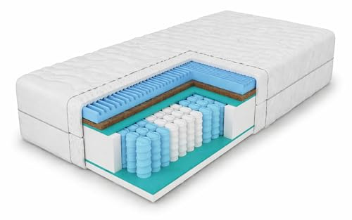 Matelas à ressorts ensachés en coco 7 zones 80 x 200 x 21 cm, dureté H3/H4, couleur : blanc, avec housse