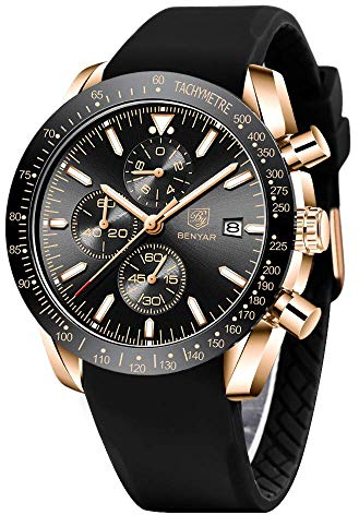 BY BENYAR Herren Analoger Chronograph Quarzuhr 30M Wasserdicht Leuchtende Datumsanzeige Freizeituhr Sport Lederuhr.(Gummi Gold Schwarz)