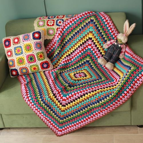 kijing Coperta quadrata fatta a mano all'uncinetto, 110 x 110 cm, in fibra acrilica, stile boho, per letto, divano, coperta