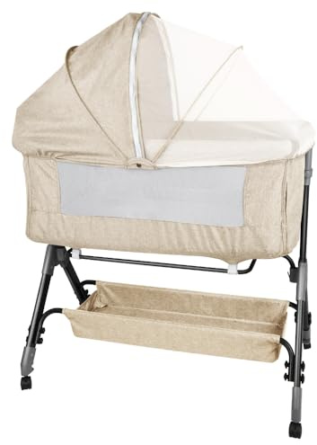 OHMG 4-in-1 Babybett,Babywiege mit Rollen,Stubenwagen mit Moskitonetz,4-stufig höhenverstellbares Kinderbett,Klappbares Kinderreisebett,Beistellbett,Geschenk (Off White (104x52x103-115cm))