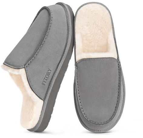 FITORY Men's Warm Suede Slippers,Winter Comfy Casual Fuzzy Lined Leather House Shoes for Indoor Outdoor Size 6.5-13.5