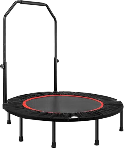 BREEZENEST Foldable Fitness Trampoline for Adults - Max 400lbs Capacity, Steel Frame Exercise Rebounder with Adjustable Handrail, Indoor Outdoor Mini Trampoline for Home Gym Workout (Black&Red, 48)