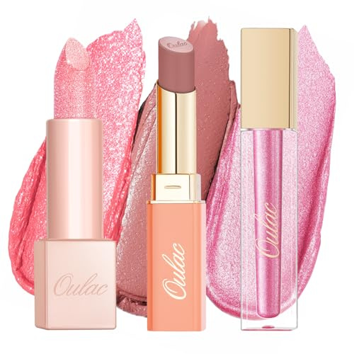 Oulac Pink Liptick Set | Satin Matte Lipstick, Shimmer Lip Balm, Metallic Lip Gloss & Eyeshadow | Moisturising, Long Lasting & Weightless | Vegan, High-Pigment (SG06+D08+MD08)