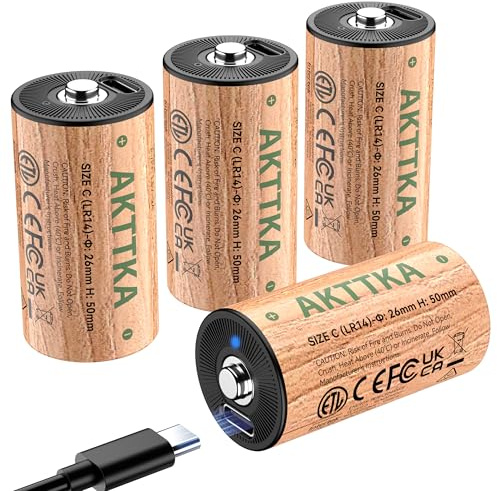 AKTTKA Set da 4 Batterie C / LR14 Ricaricabili – 7200 mWh, 1,5 V al Litio con Cavo USB-C, bassa autoscarica, per torce, luci da campeggio ed emergenza, radio e giocattoli