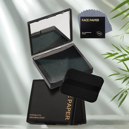Oil Blotting Paper, Black | 300 Sheets with Mirror, Puff & Refills, Absorbs Excess Face Oil, Controls Shine, Saves Makeup