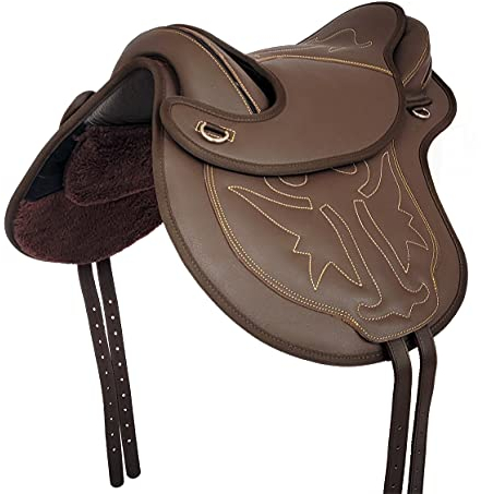 A&M Reitsport Baumloser Wanderreit Sattel TRISHUL aus Nubuckleder Braun, mit Klettkissen, Größe:16 Zoll