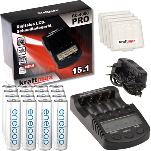 kraftmax Kombipack BC-4000 Pro Ladegerät und 16x Pansonic Eneloop AA/Mignon Akkus - Neueste Generation - Hochleistungs Akku Batterien Akkuboxen V5