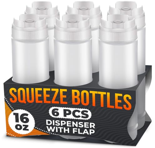 Set of 6 Inverted Condiment Squeeze Bottles 16 oz – Upgraded Design with Added Sealing Gaskets, Self-Closing Valve, Easy-to-Fill Clear Bottles for Sauces, Dressings, Ketchup, Mustard for Everyday Use