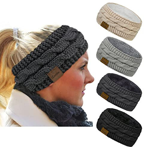 Loritta 4 Pack Womens Winter Headbands Fuzzy Fleece Lined Ear Warmer Cable Knit Thick Warm Crochet Headband Gifts,Multi A