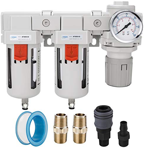 NANPU DFR-03 3/8 NPT Air Drying System - Double Air Filters, Air Pressure Regulator Combo - Semi-Auto Drain, Poly Bowl