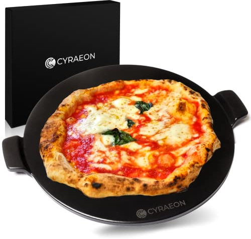 Cyraeon Pizza Stone for Oven with Handles. 13 Cordierite Baking Stone. Coated with Food Grade Fire Resistant Material. Pizza Stone for BBQ. Gift for Foodies. Kitchen Gift. Pizza Accessories.