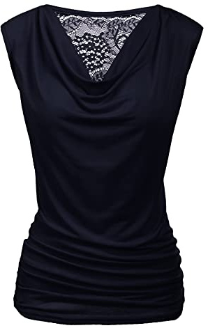 PINSPARK Top Débardeur en dentelle pour femme Col en V Haut cascade Chemisier sans manches Décontracté Été Chemisier Fête Gilet plissé Basique Débardeurs, Bleu marine, XL