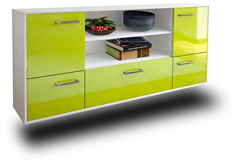 Lqliving Kommode Sideboard Sterling Heights, Korpus in Weiss matt, Front im Hochglanz-Design Grün (180x77x35cm), inkl. Metall Griffen, Wandmontage, Made in Germany