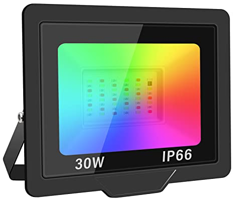 AUXTINGS 30W Faretto LED RGB, proiettore LED esterni con telecomando,16 Colori 4 Modalità,IP66 impermeabile, luci decorative per Halloween festa di compleanno fai da te illuminazione modalità strobo