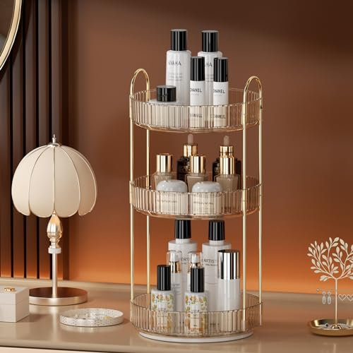 UNICOMVSX Rotierender Make up Organizer für den Schminktisch, Drehbare Kosmetikaufbewahrung(3 Stufe, Bernstein)