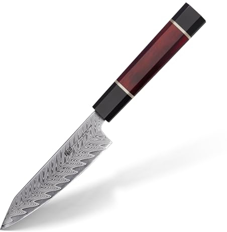 FINDKING Coltello da Cucina per Frutta da 5 Pollici in Acciaio Damasco, Lama Compatta e Versatile per Tagliare Frutta e Piccoli Alimenti, Portatile per Viaggi, Picnic e Uso al Bar (Serie Samurai)