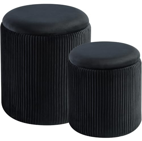 BLEXA Round Set of 2 Ottoman with Storage - Upholstered Velvet Vanity Stool for Makeup Multifunctional Ottomans Coffee Table Padded Seat Foot Rest for Living Room & Bedroom (Black)
