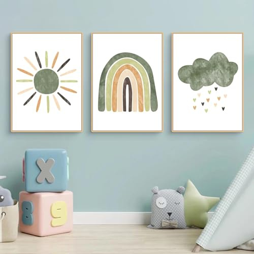 Herfair Juego de 3 imágenes para habitación infantil, diseño de nubes, arcoíris verdes, póster bohemio, decoración de pared para habitación de bebé, sin marco, para niños y niñas, dormitorio (30 x 40